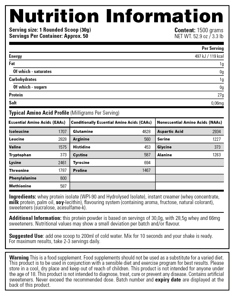 Whey Isolate - Nutrition Information