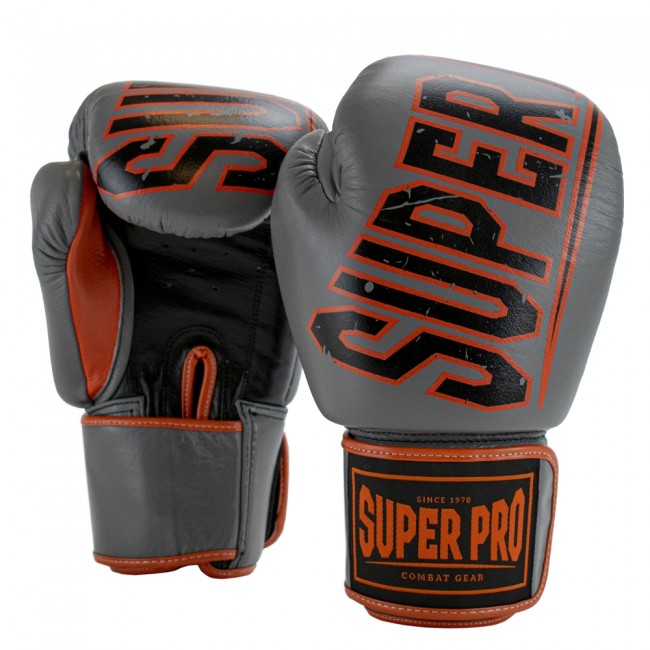 Super Pro Challenger (Kick)bokshandschoenen - Leer Grijs/Oranje/Zwart