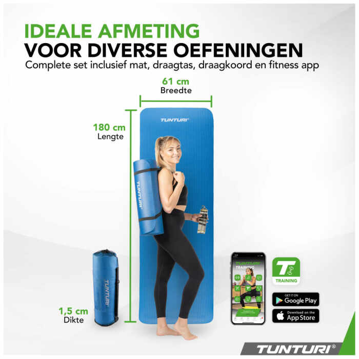 Tunturi Fitnessmat NBR 15mm - met draagkoord - Blauw