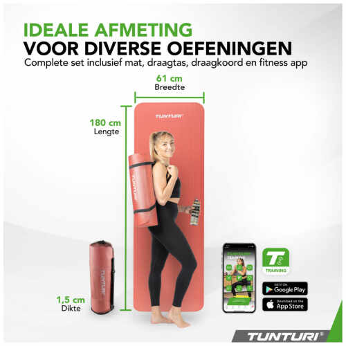 Tunturi Fitnessmat NBR 15mm - met draagkoord - Rose goud